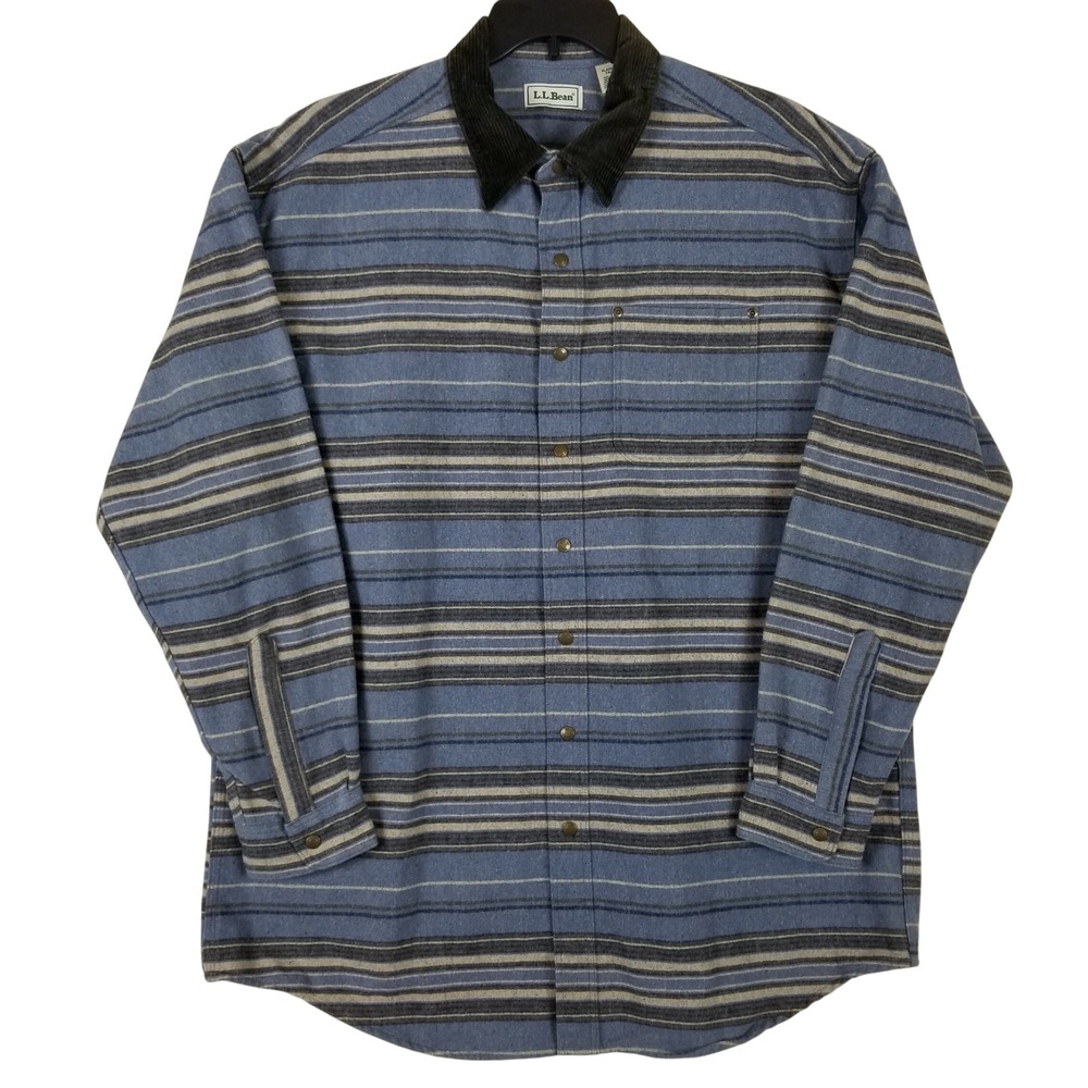 LL Bean Mens XL Tall Blue Striped Flannel Snap Front Shirt Corduroy Collar‎ AY57